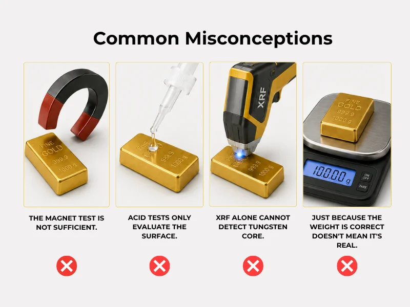 4 mitos sobre el oro falso: la prueba del imán, la prueba del ácido, el XRF por sí solo y el control de peso no son fiables