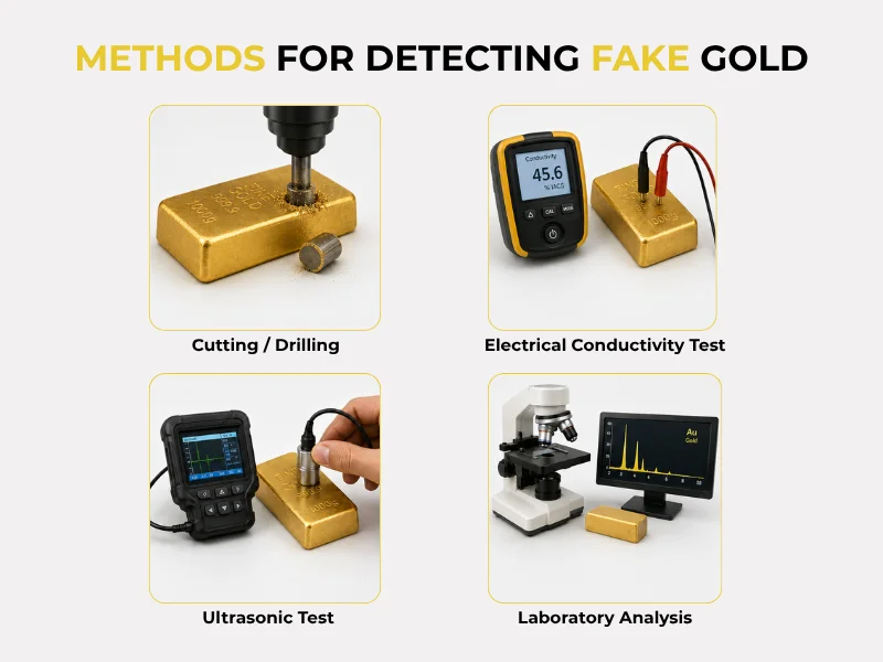 Métodos para detectar oro falso: corte/perforación, prueba de conductividad eléctrica, prueba ultrasónica y análisis de laboratorio