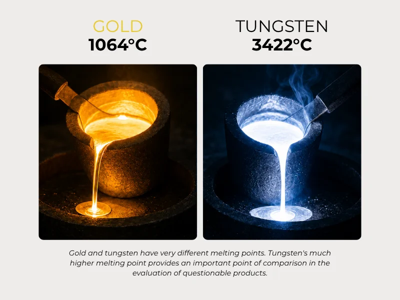 Comparación de puntos de fusión: oro (1064 °C) vs tungsteno (3422 °C) — por qué no pueden alearse