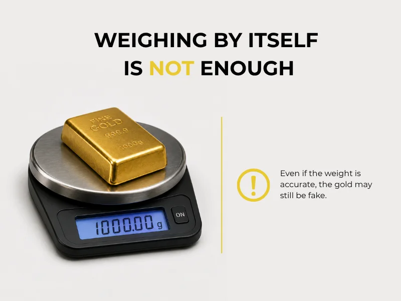 Pesar el oro no basta — un lingote falso con núcleo de tungsteno puede mostrar el peso correcto
