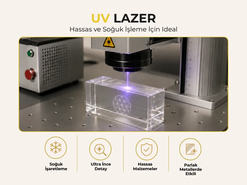 UV lazer makinesi — soğuk ve hassas markalama, plastik ve cam işleme için uygun