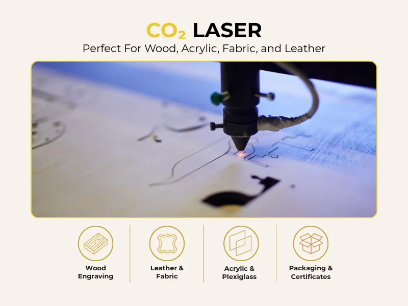 CO₂ laser machine — ideal for wood, acrylic and leather engraving; poor performance on bare metal