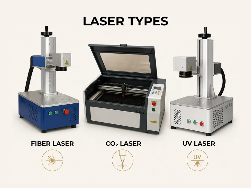 Jewelry laser types comparison: fiber laser, CO₂ laser and UV laser machines side by side