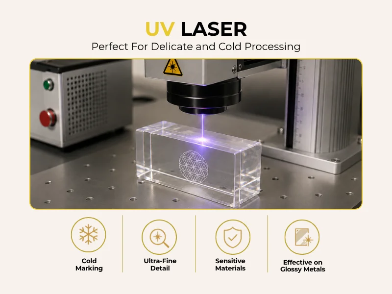 UV laser machine — cold and precise marking, suitable for plastic and glass processing
