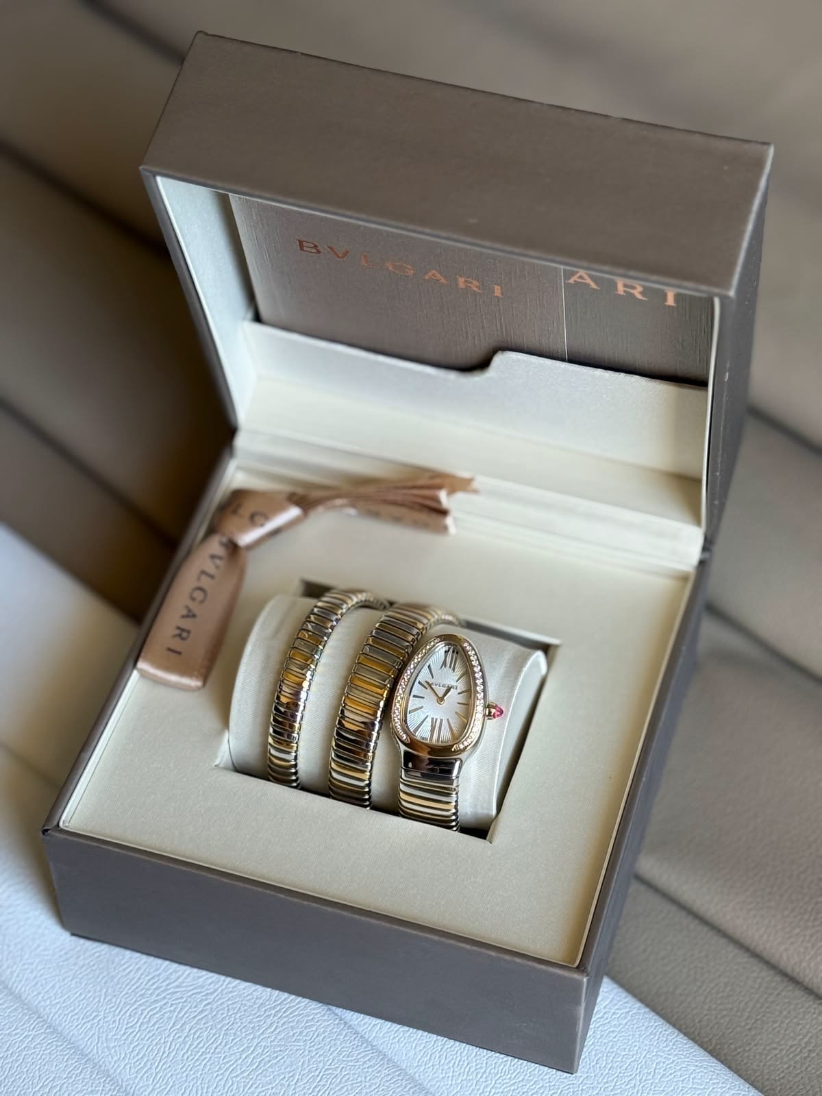 Bvlgari Serpenti coiled two-tone watch in its presentation box