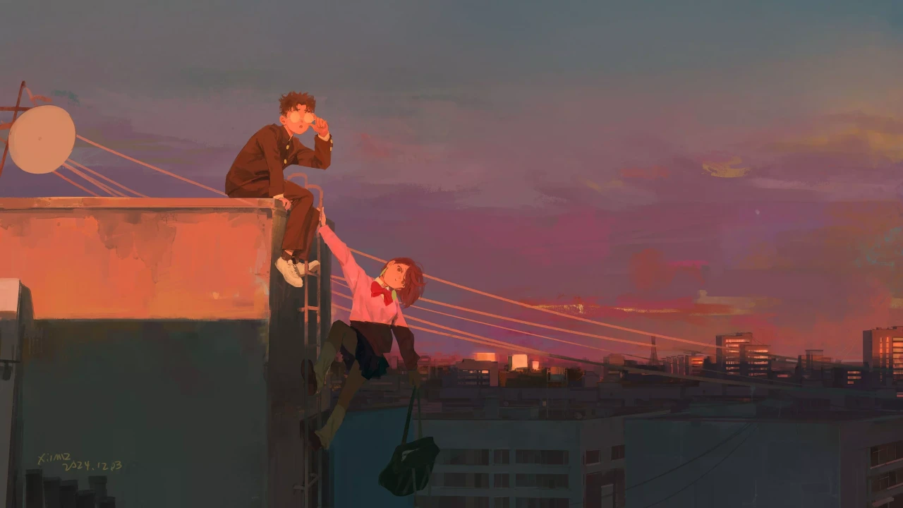 Okarun & Momo: Rooftop Sunset (Dandadan)