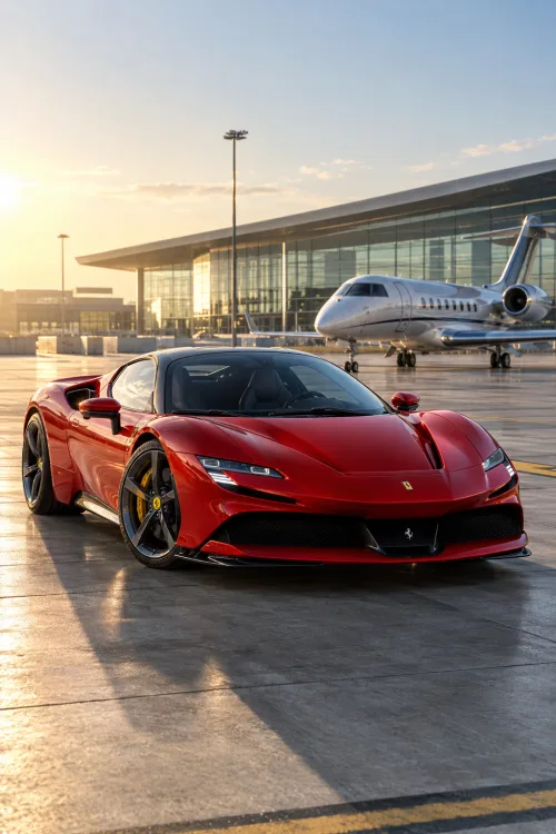 Ferrari SF90 Stradale Wallpaper | Red Ferrari & Private Jet 4K