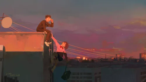 Okarun & Momo: Rooftop Sunset (Dandadan)
