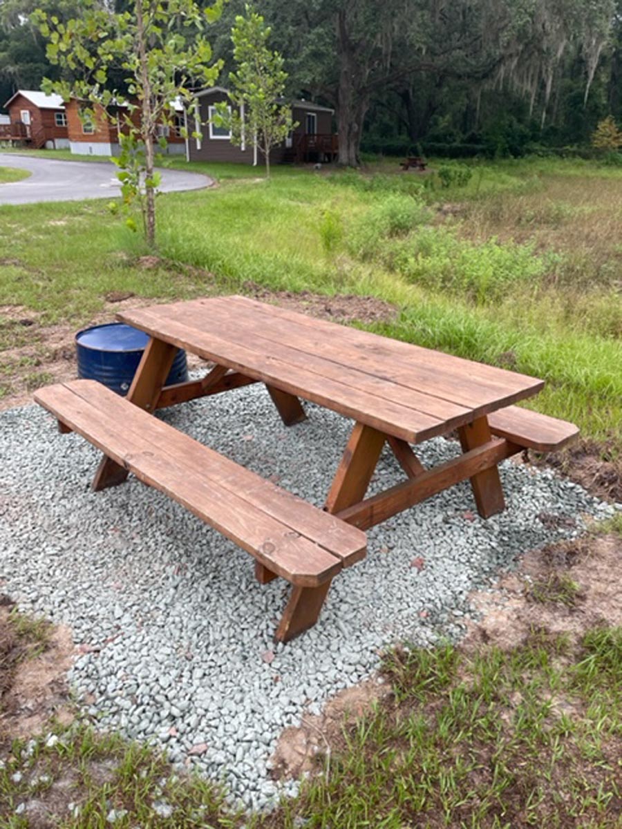 Picnic table near cabin