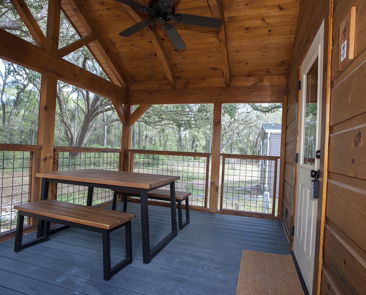 Cabin porch with seating