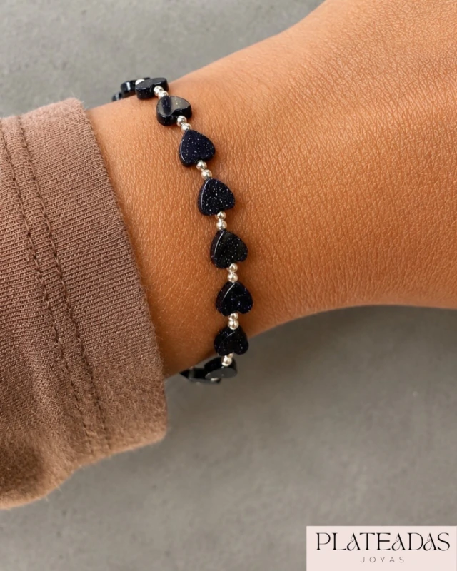 Pulsera corazón piedra natural de la galaxia y plata
