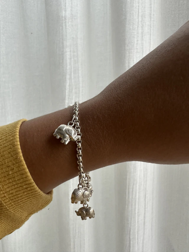 Pulsera de plata mini rolo y elefantes