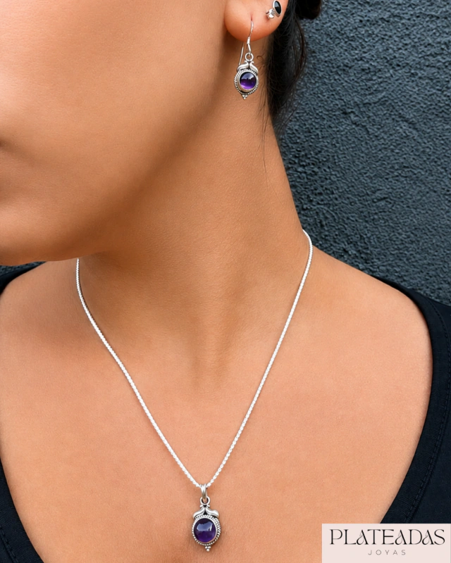 Conjunto dije y aros colgantes piedra natural amatista