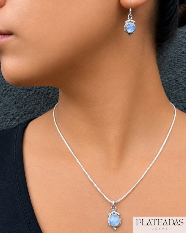 Conjunto dije y aros colgantes piedra natural de la luna