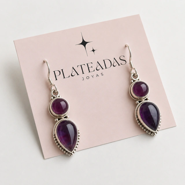 Aros de plata colgantes piedra natural amatista doble