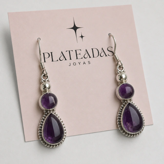Aros de plata colgantes piedra natural amatista