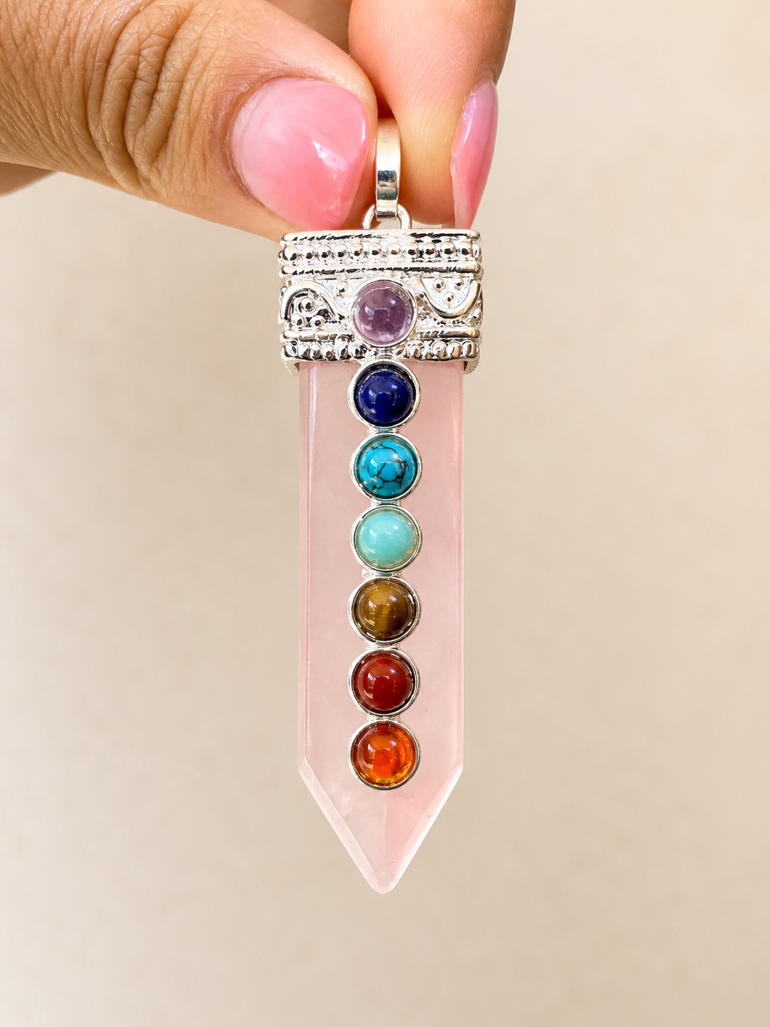 Dije 7 chakras base cuarzo rosa