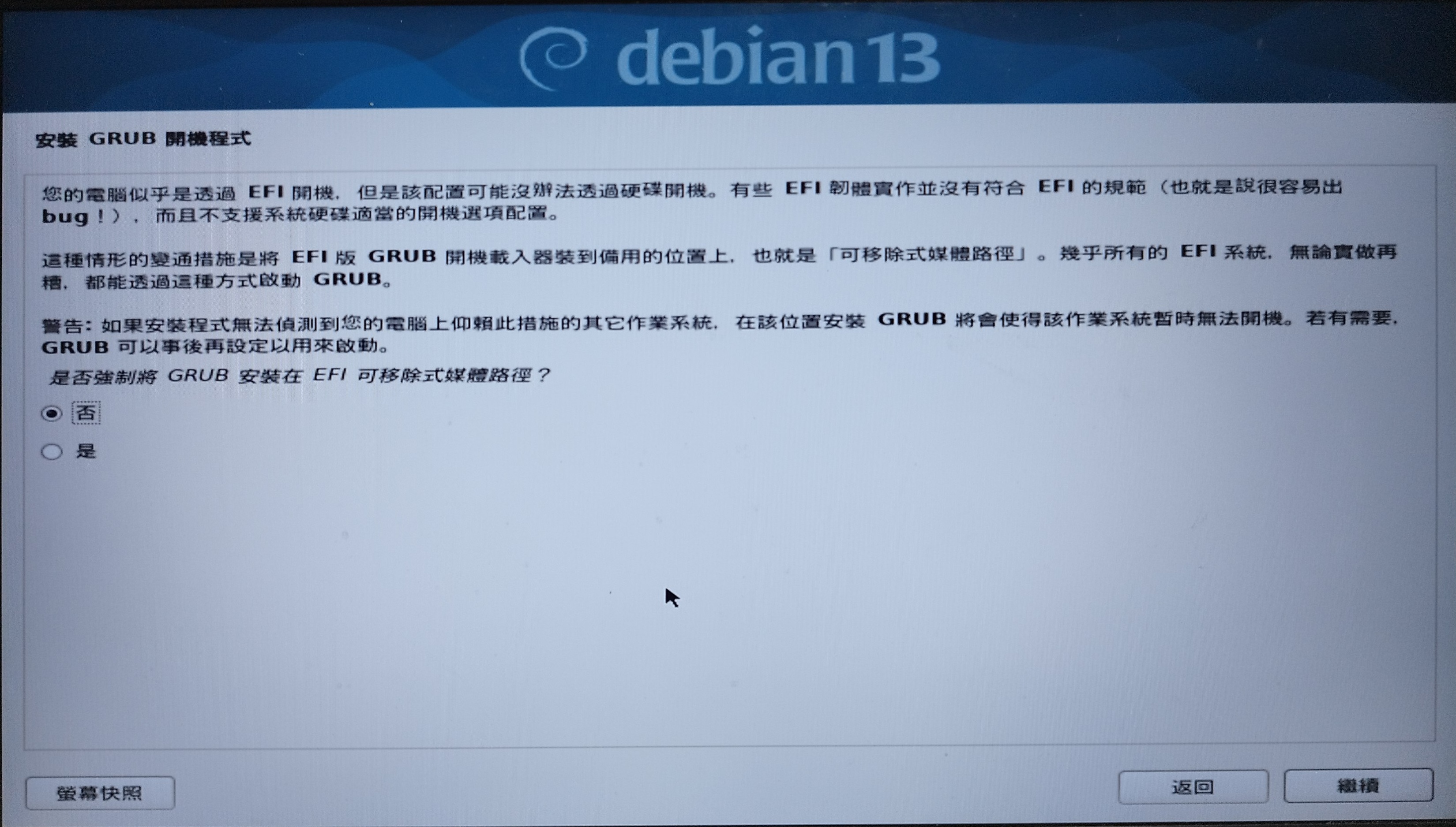 這一步是指要不要讓uefi以爲這個操作系統（debian）是安裝在隨身碟上的，因爲有些uefi會避免除了windows以外的系統安裝在硬碟並且被開機（微軟的陰謀）或是可能有些uefi會有不可預期的bug。建議先選「否」，grub安裝失敗再選「是」。如果提示失敗也可以考慮強制寫入uefi，使uefi可以認得debian這個操作系統，但有風險，我也不敢試，在此不展示。