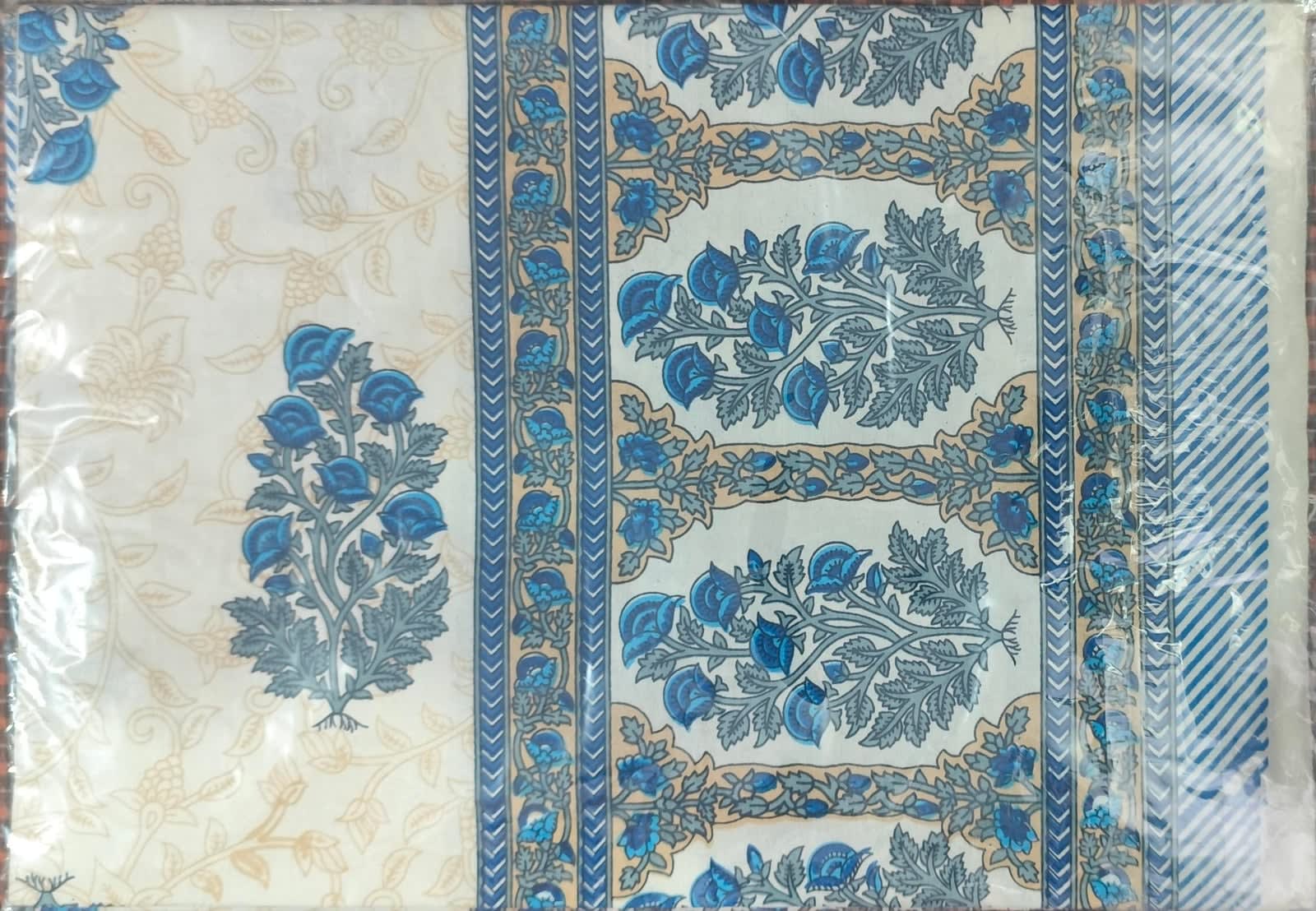 जयपुरी फ्लोरल प्रिंट कॉटन डबल बेडशीट, 93x108 इंच, 2 तकिए के कवर सहित - पाउडर ब्लू - photo 1