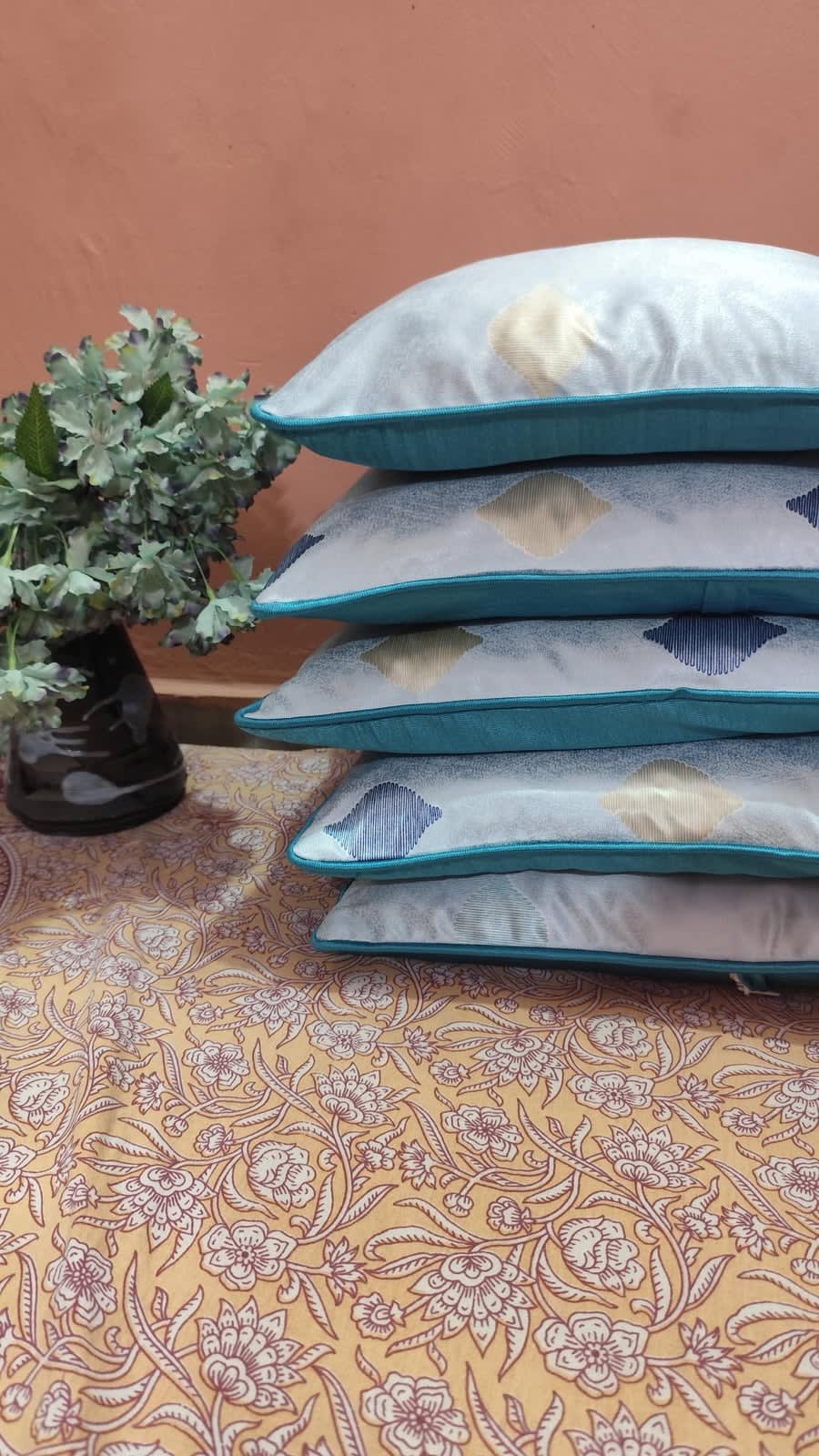 Ice Blue Diamond Jacquard Cushion Covers 16x16 Inches - Set of 5