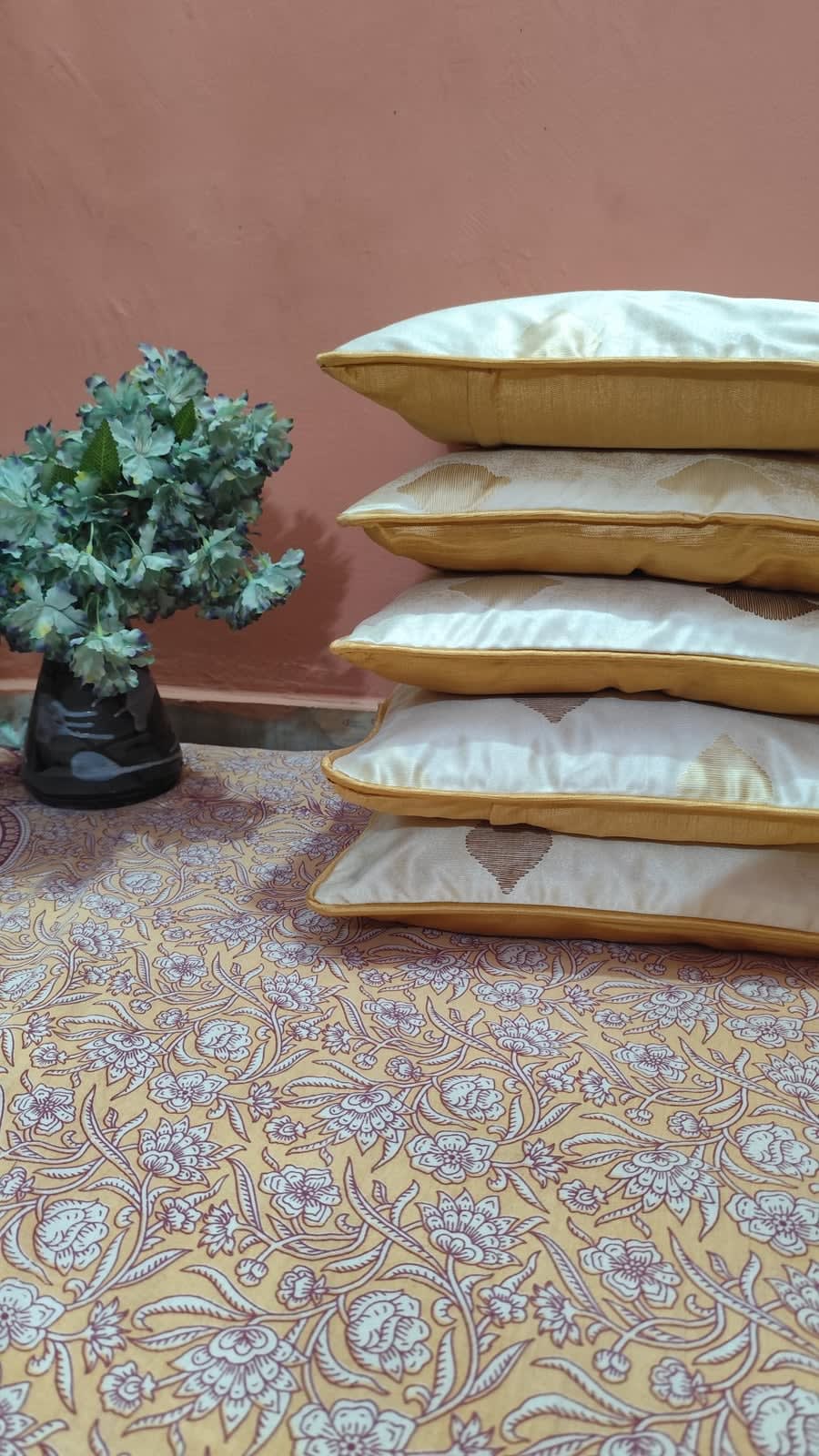 Ivory Gold Diamond Jacquard Cushion Covers 16x16 Inches - Set of 5