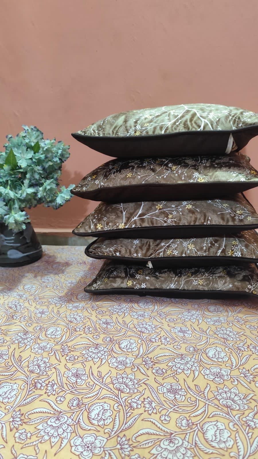 Olive Bronze Blossom Print Cushion Covers 16x16 Inches - Set of 5