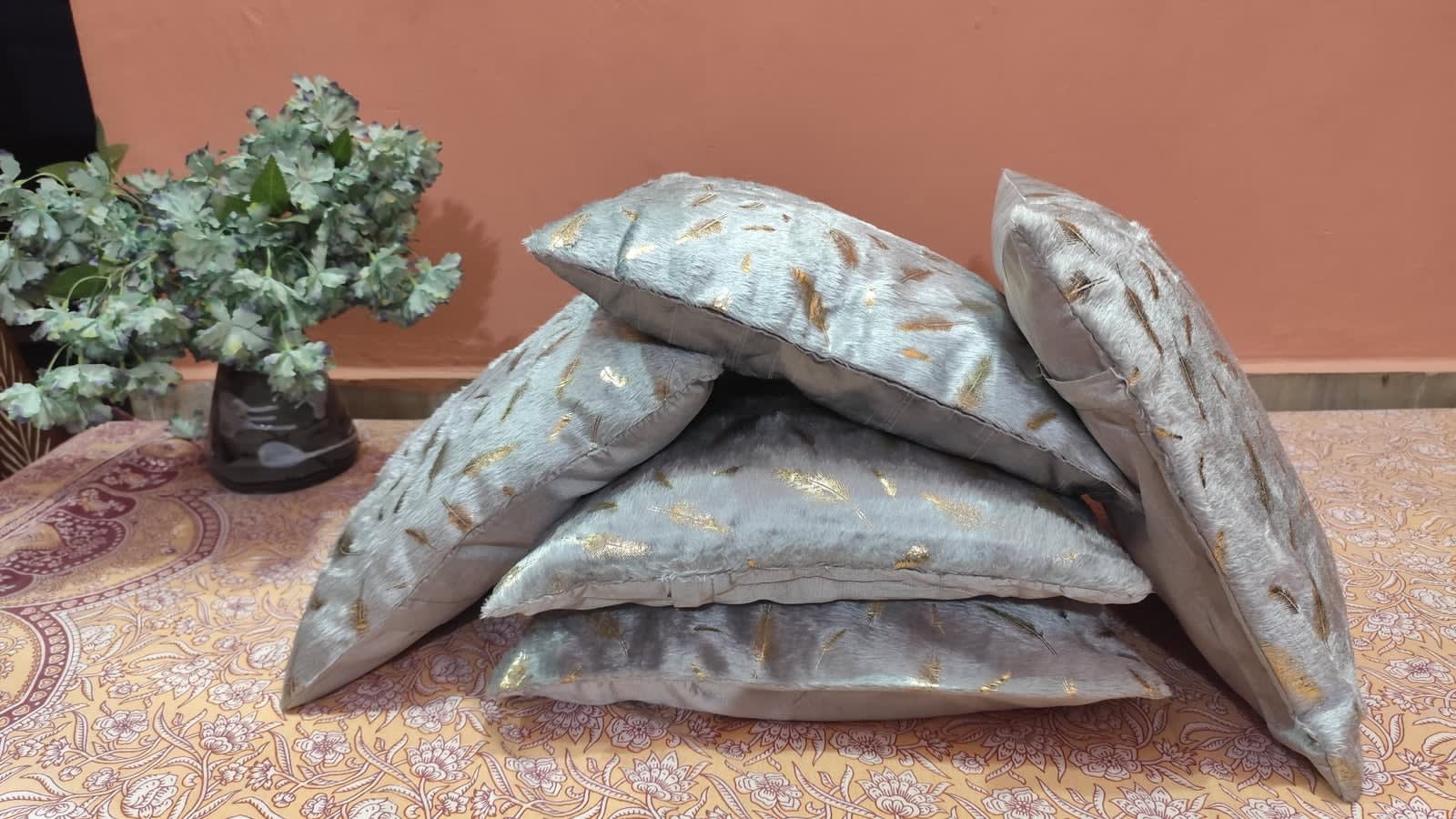 Silver Grey Feather Foil Velvet Cushion Covers 16x16 Inches - Set of 5