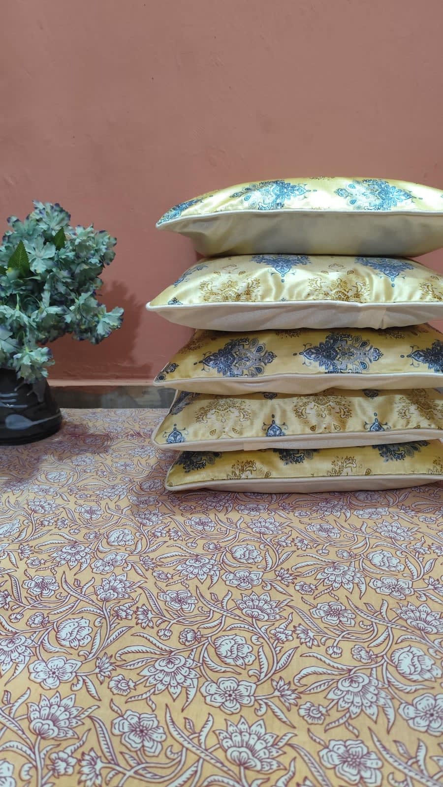Golden Yellow Damask Jacquard Cushion Covers 16x16 Inches - Set of 5