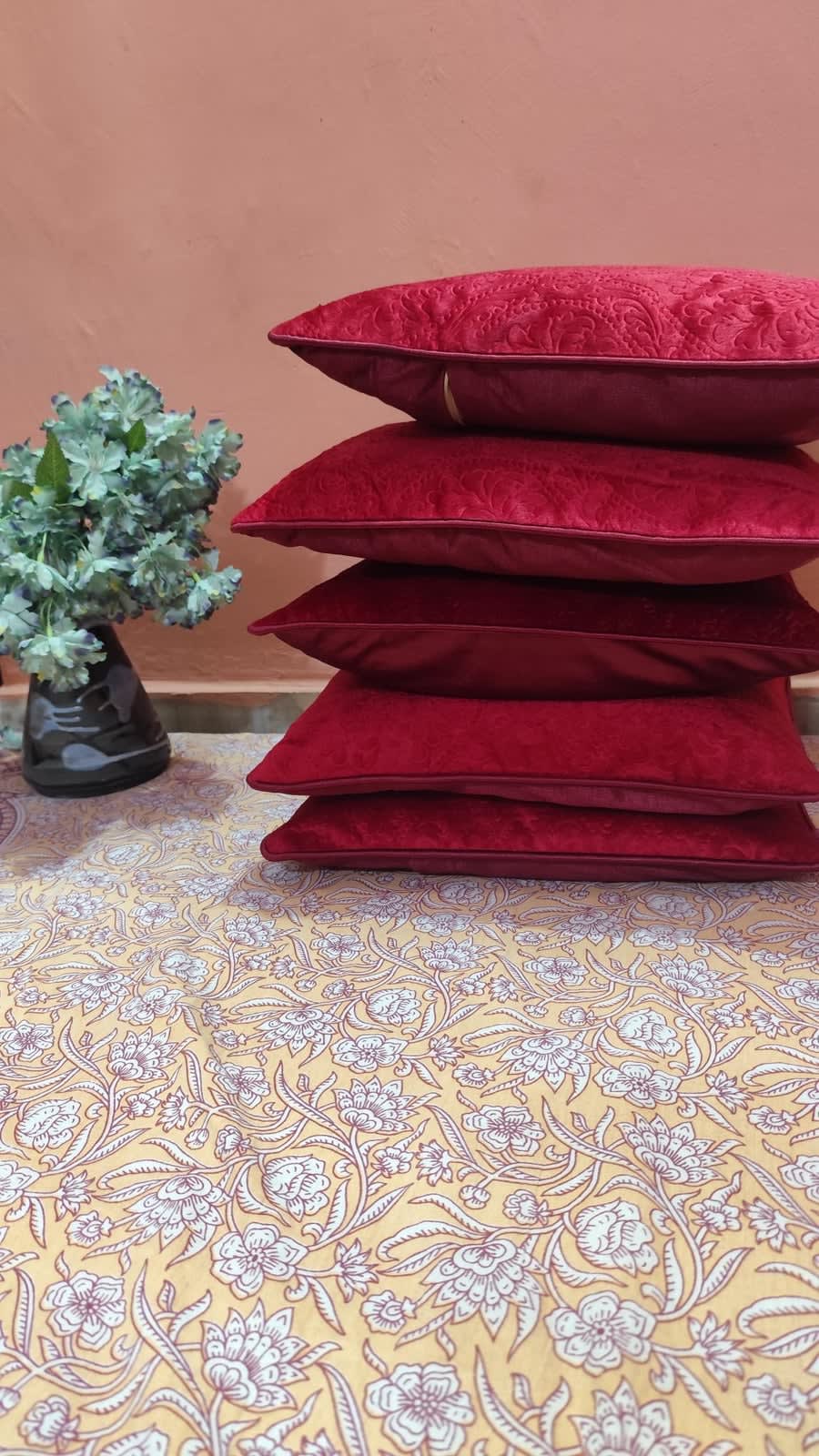 Maroon Embossed Velvet Cushion Covers 16x16 Inches - Set of 5