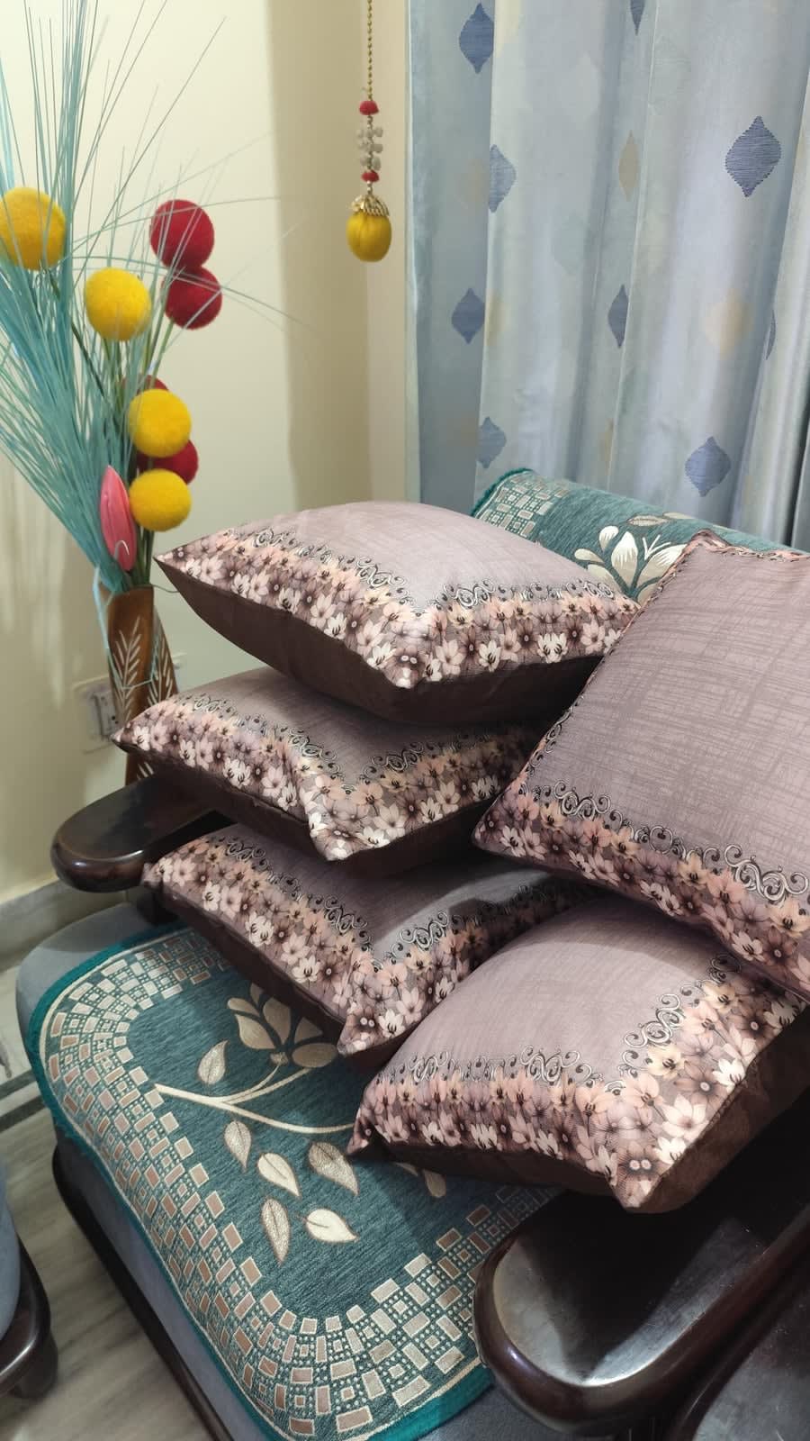 Dusty Mauve Floral Border Cushion Covers 16x16 Inches - Set of 5