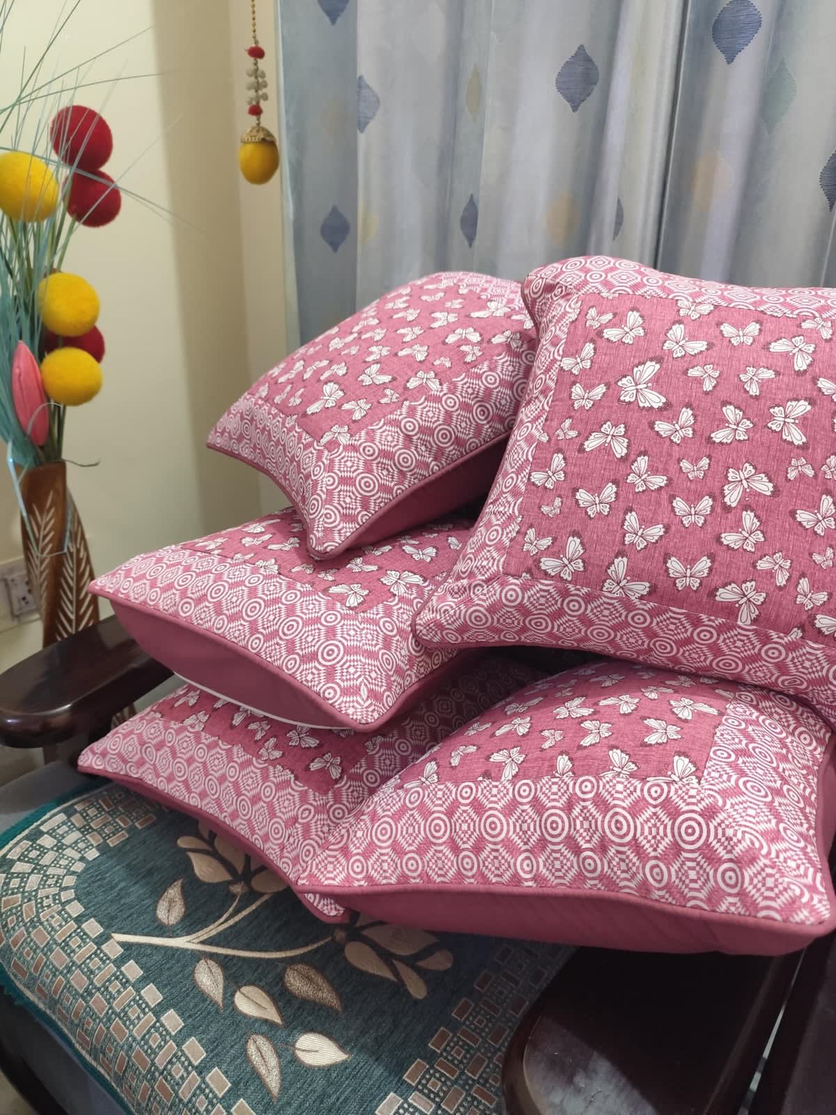 Rose Pink Butterfly Print Cushion Covers 16x16 Inches - Set of 5