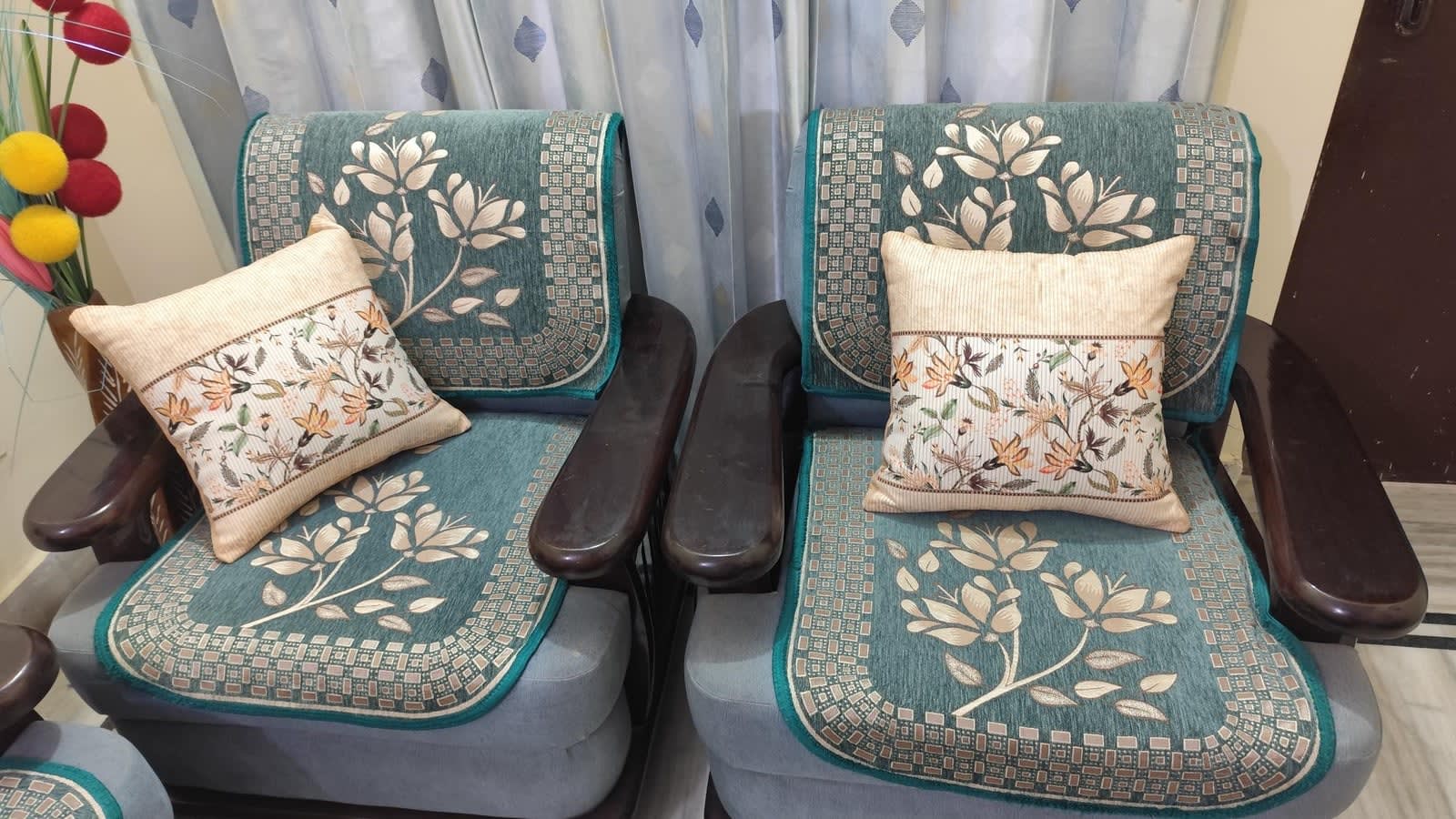क्रीम बॉटैनिकल बर्ड प्रिंट कुशन कवर 16x16 इंच - 5 का सेट - photo 4