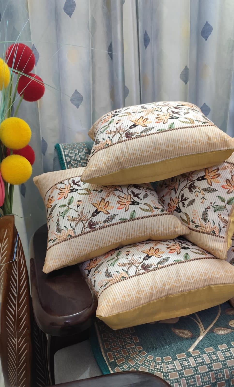 Cream Botanical Bird Print Cushion Covers 16x16 Inches - Set of 5