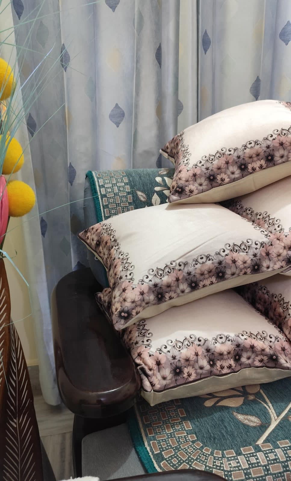 Ivory Blush Vintage Scroll Border Cushion Covers 16x16 Inches - Set of 5