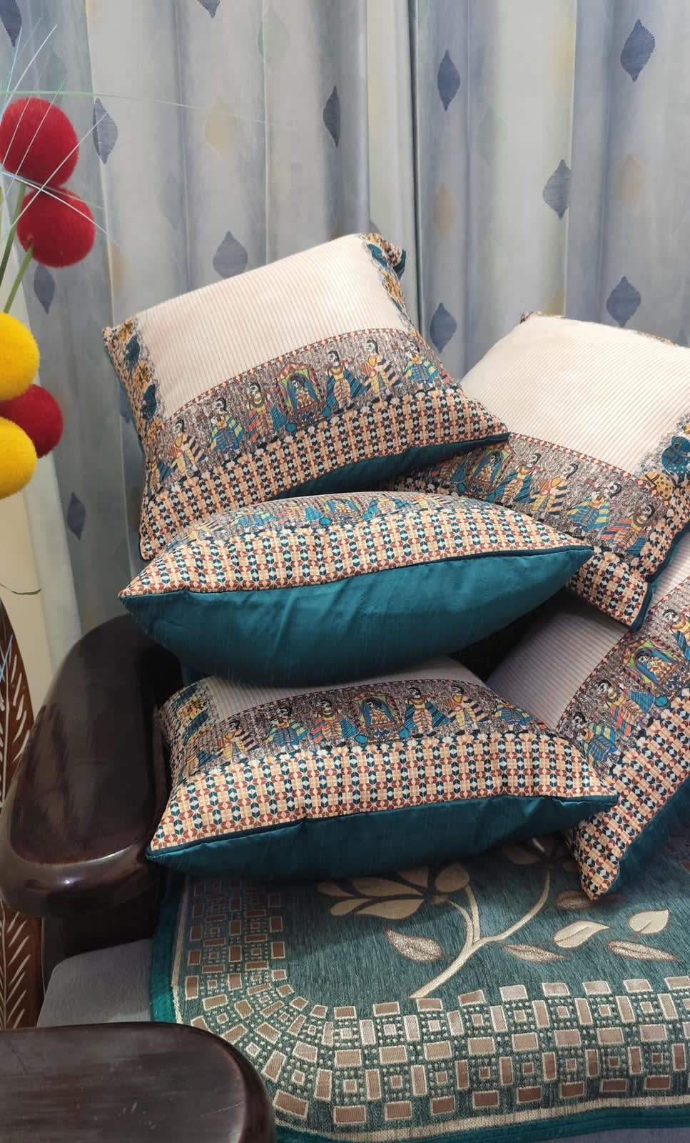 Ivory Rajasthani Folk Art Cushion Covers 16x16 Inches - Set of 5