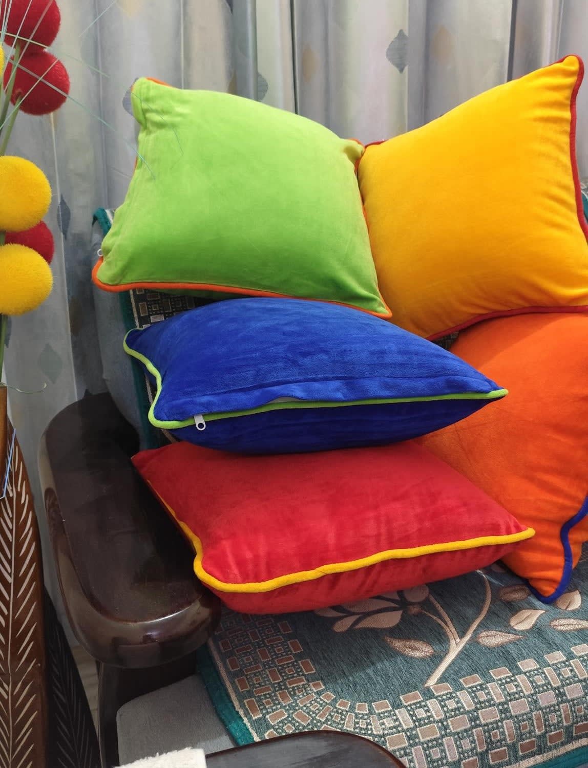 Multicolour Velvet Cushion Covers with Contrast Piping 16x16 Inches - Set of 5