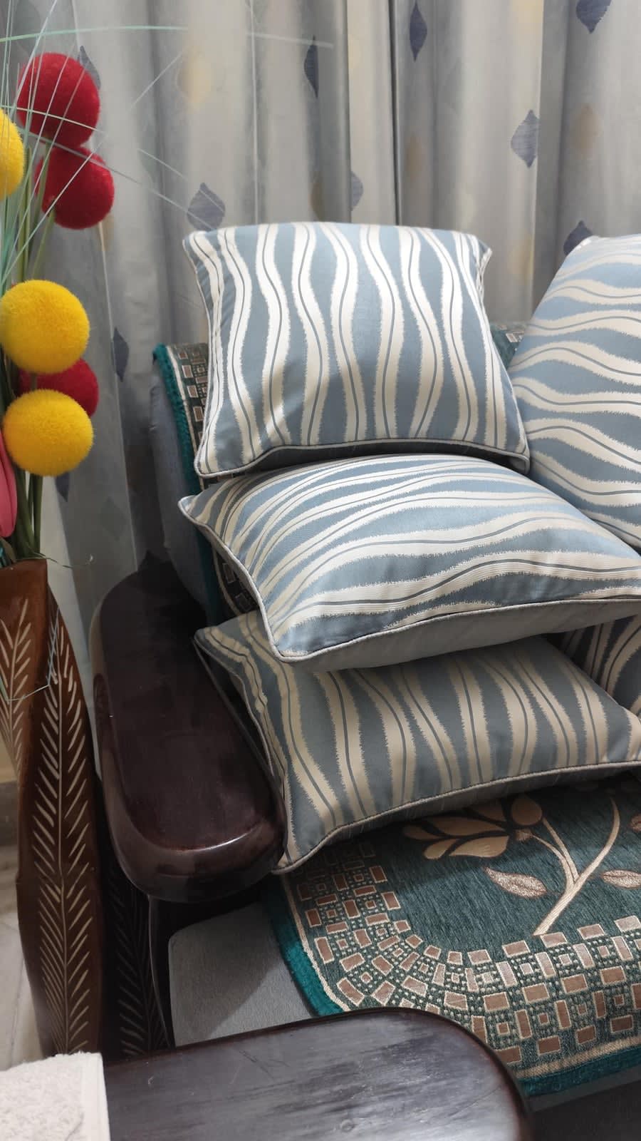Slate Blue Wavy Ikat Cushion Covers 16x16 Inches - Set of 5