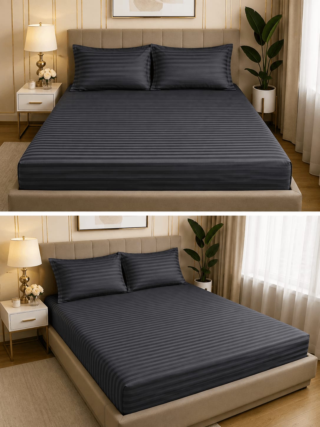 Grey Striped Hotel Bedsheet 230x250 cm - Double
