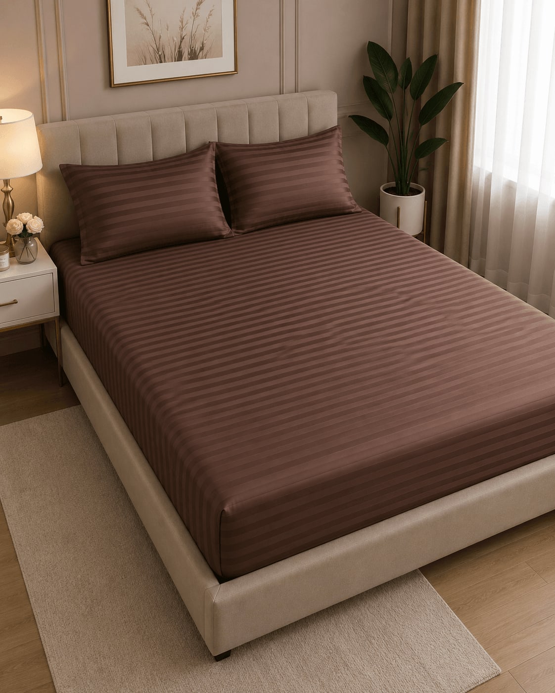Brown Striped Hotel Bedsheet 230x250 cm - Double