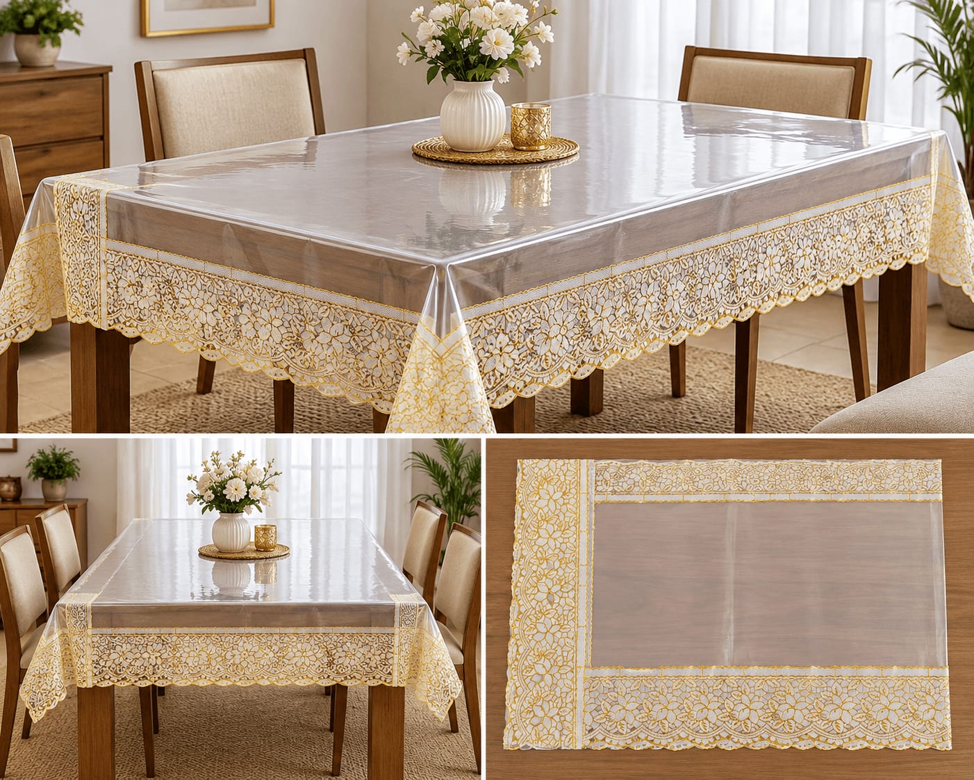 Clear Table Over Cover 40x60 Inches - Gold Lace Border