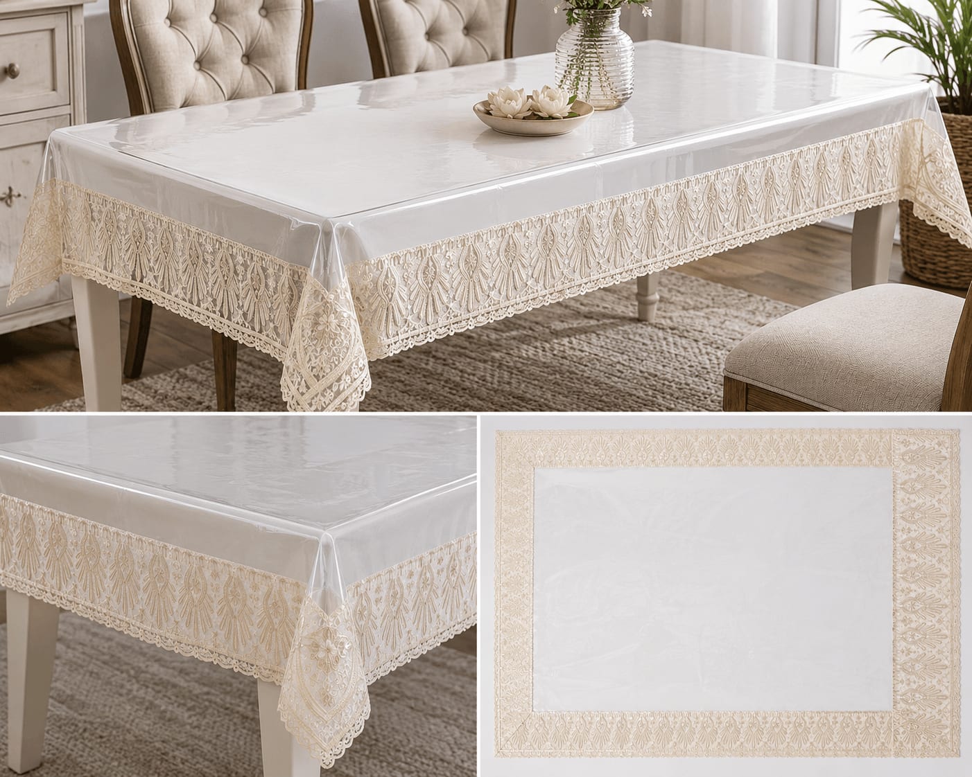 Clear Table Over Cover 45x70 Inches - Cream Floral Border