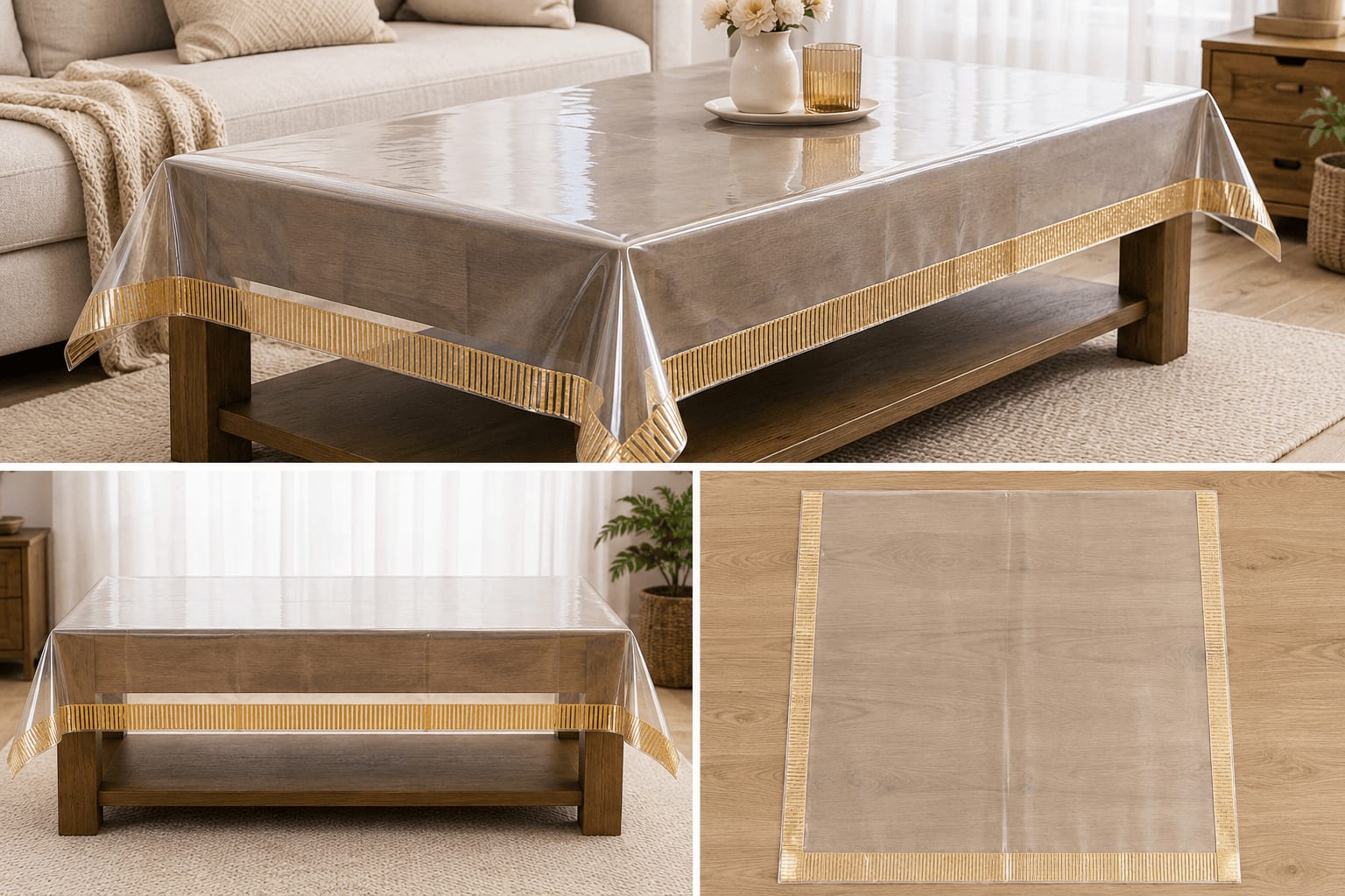 Clear Table Over Cover 48x48 Inches - Gold Ribbon Border