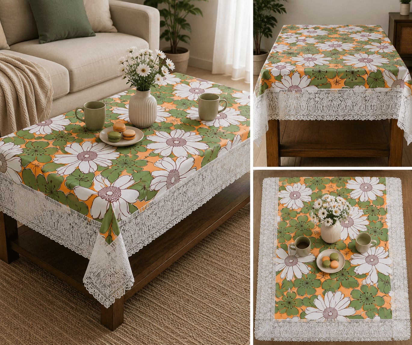 Central Table Cover 40x60 Inches - Green Daisy Retro