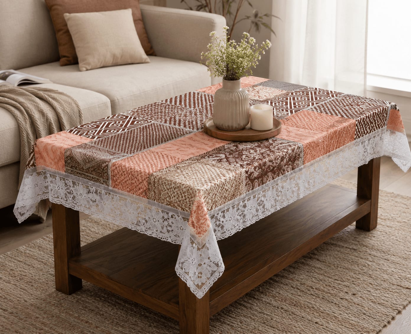 Central Table Cover 45x70 Inches - Peach Mandala Patchwork