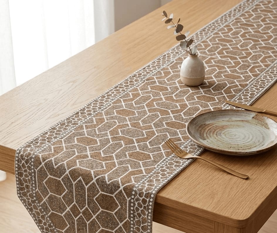 Jacquard Dining Table Runner 13x72 Inches - Golden Brown Hexagon Print