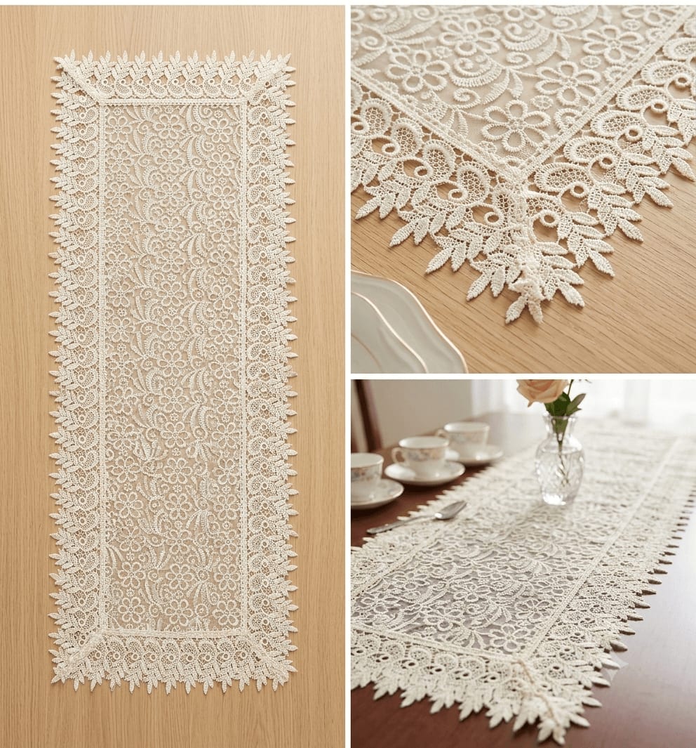 Central Table Runner 13x36 Inches - Cream Crochet Lace