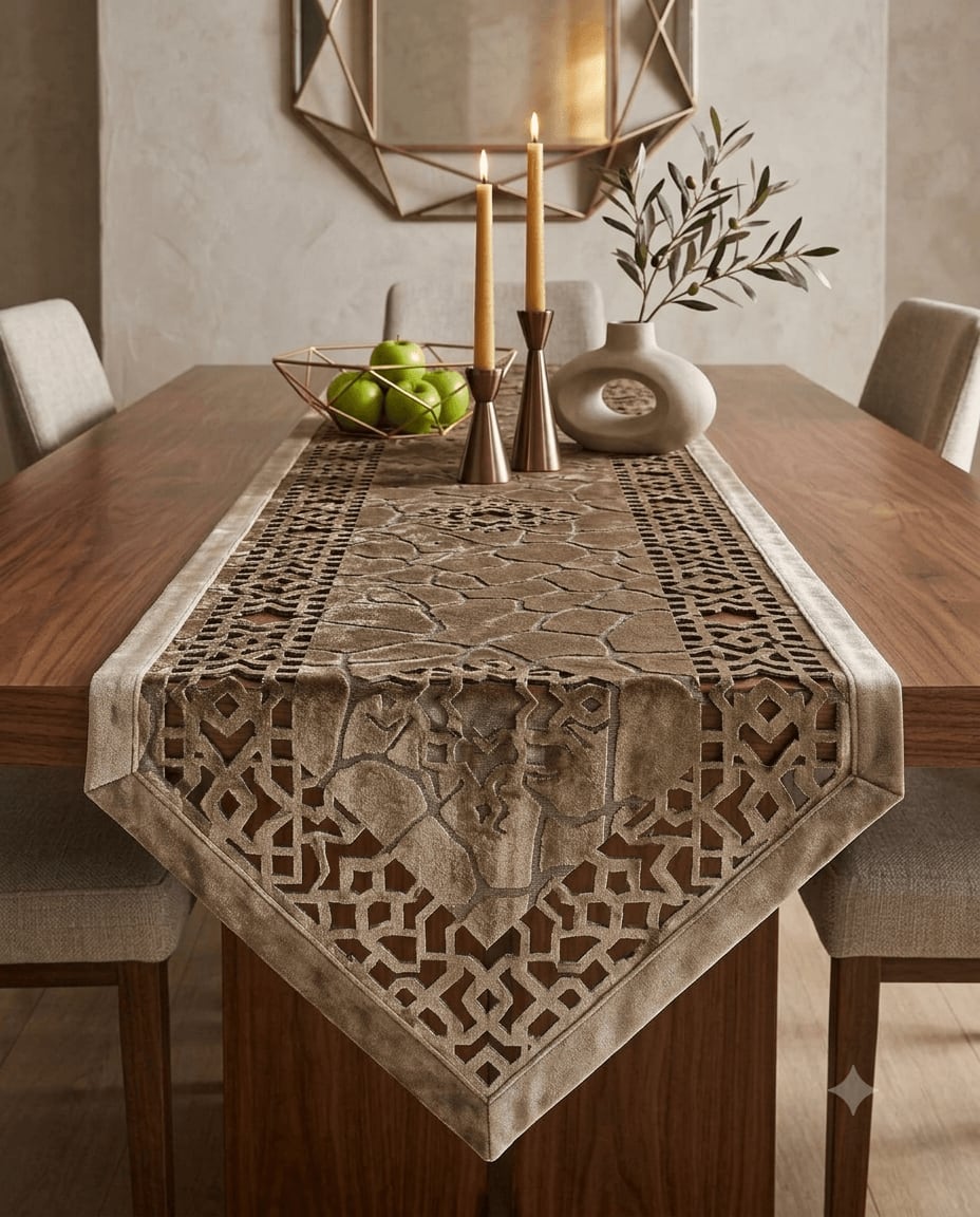 Central Table Runner 13x36 Inches - Bronze Velvet Cutwork