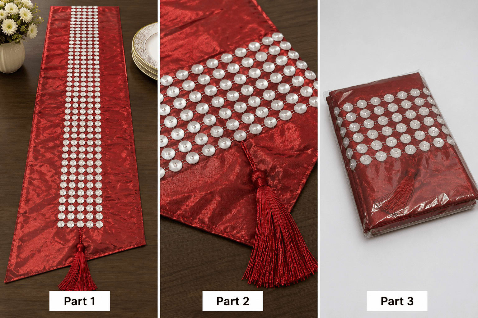 Central Table Runner 13x36 Inches - Maroon Velvet Sequin with Tassel