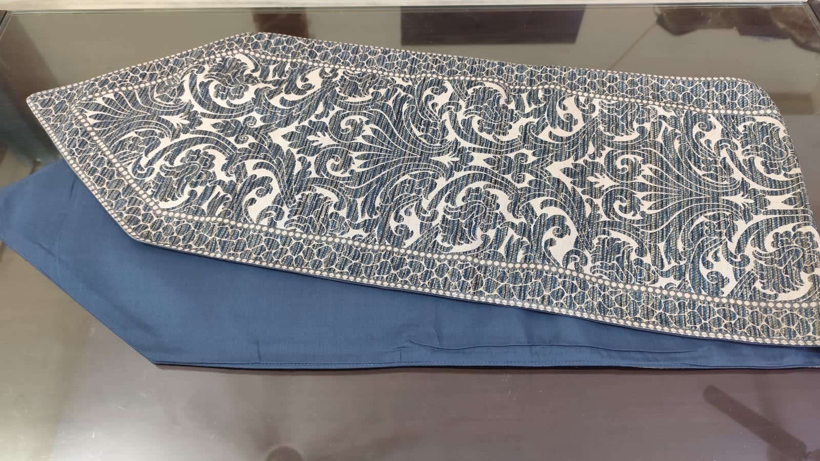 Jacquard Dining Table Runner 13x72 Inches - Blue Paisley Damask