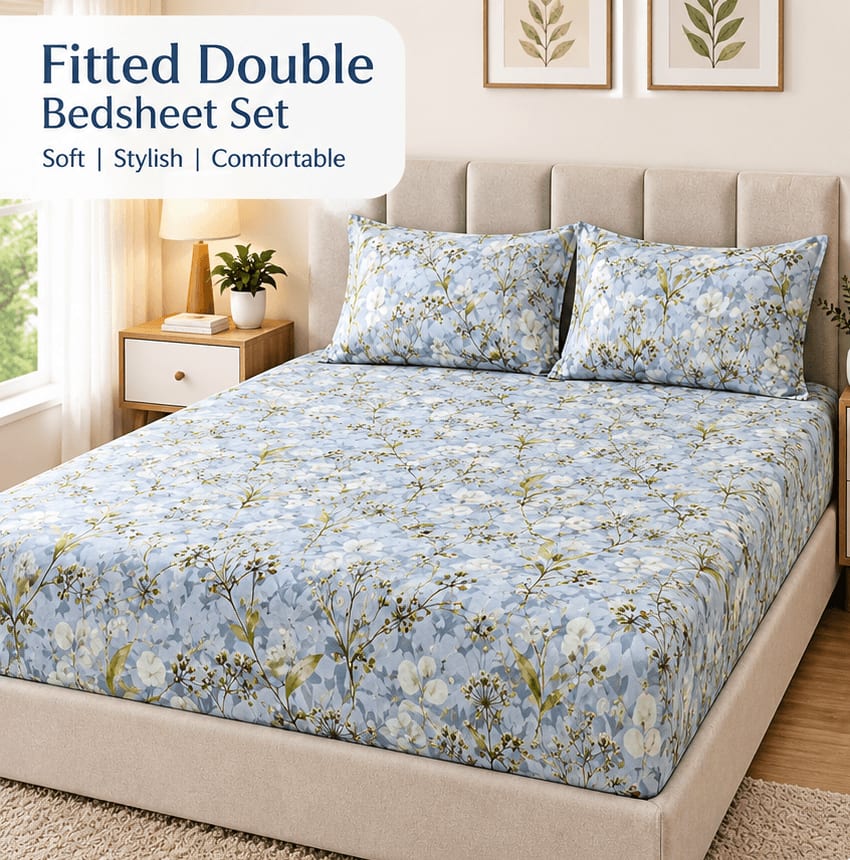 Rainstar Fitted Double Bedsheet 225x250 cm with 2 Pillow Covers - Powder Blue Floral